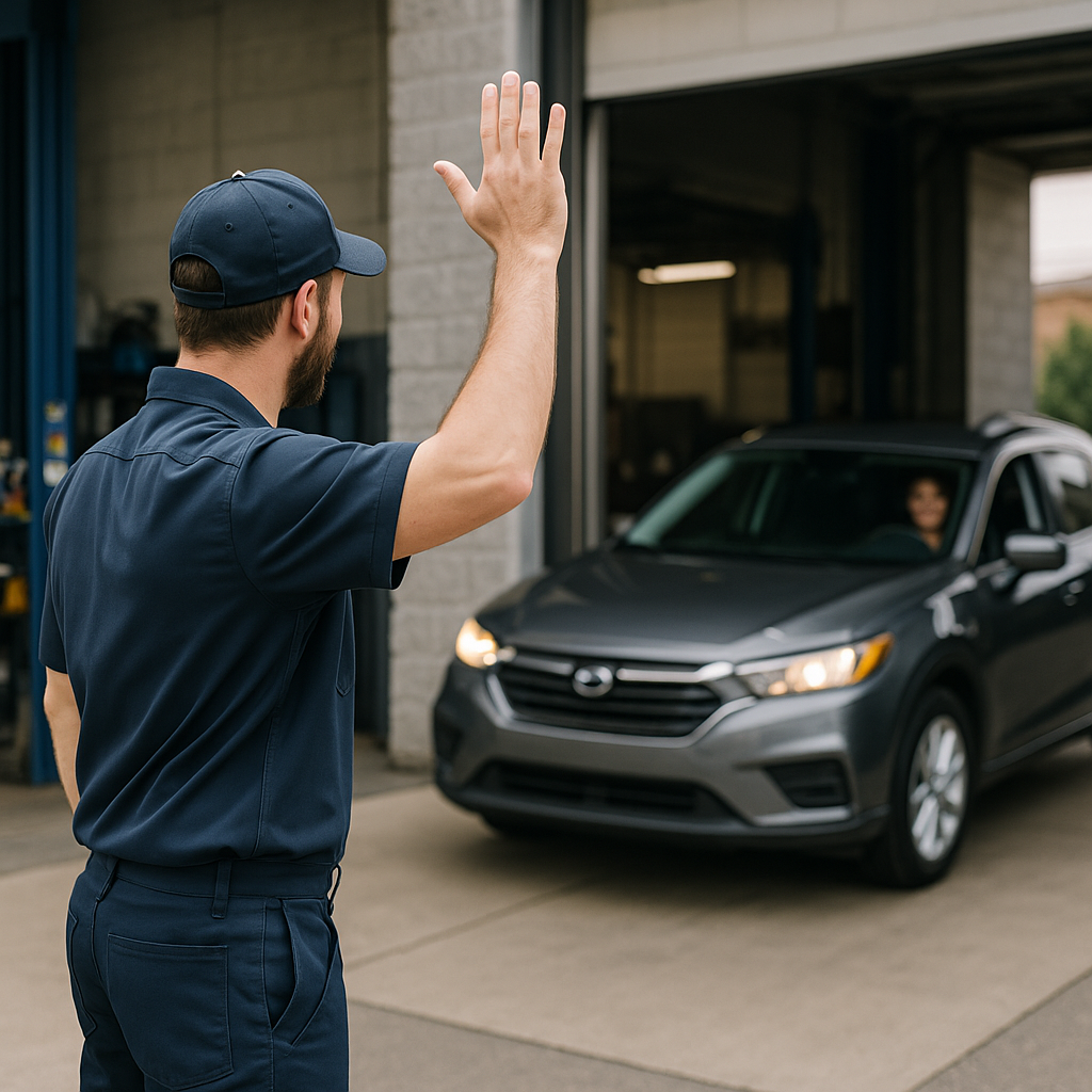 Mechanic waving at car leaving