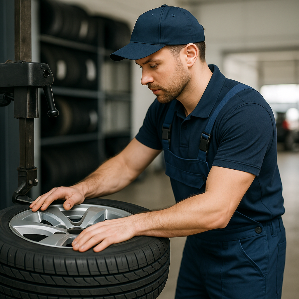Mechanic installing tires